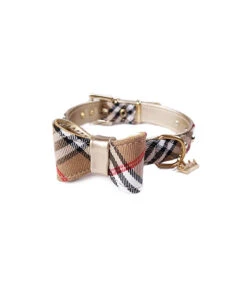 299 Collier En Tissu écossais Beige Avec Noeud Estilfordog
