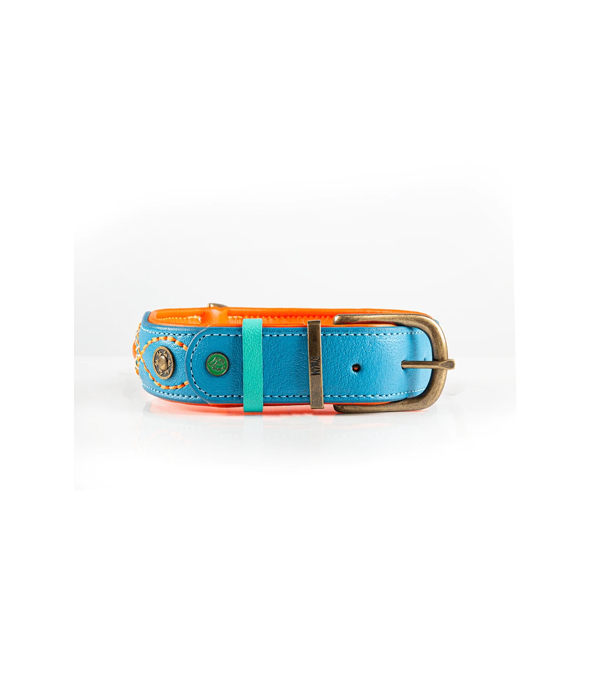 Collier En Cuir Bleu Et Surpiqure Orange Jones Dwam 2 Collier En Cuir Bleu Et Surpiqure Orange Jones Dwam – Image 2