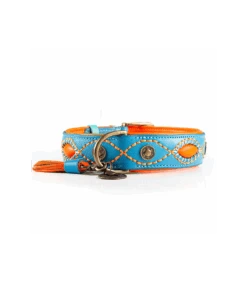 Collier En Cuir Bleu Et Surpiqure Orange Jones Dwam