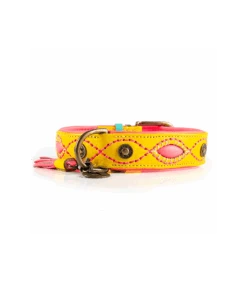 Collier En Cuir Jaune Et Surpiqure Rose Jessi Dwam