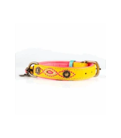 Collier En Cuir Jaune Et Surpiqure Rose Jessi Dwam -Animaux Amour Promos Boutique collier en cuir jaune jessi dwam 1 4