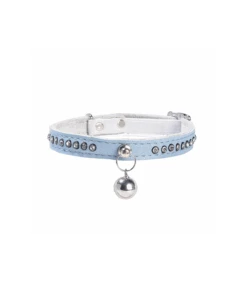 Collier Pour Chat En Cuir Souple Et Strass Bleu Ciel Eclat Bobby