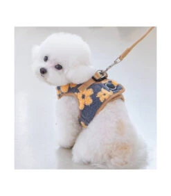 HB1975 Harnais Veste Doudou Façon Mouton Imprimé Fleurs Grises Et Beige Ren Puppia