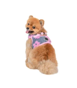 HB1975 Harnais Veste Doudou Façon Mouton Imprimé Fleurs Grises Et Roses Ren Puppia